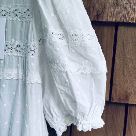 Stellah White Cotton Swiss Dot Dress M Puff Sleeve Lace Trim Tiered Skirt - Picture 5 of 16